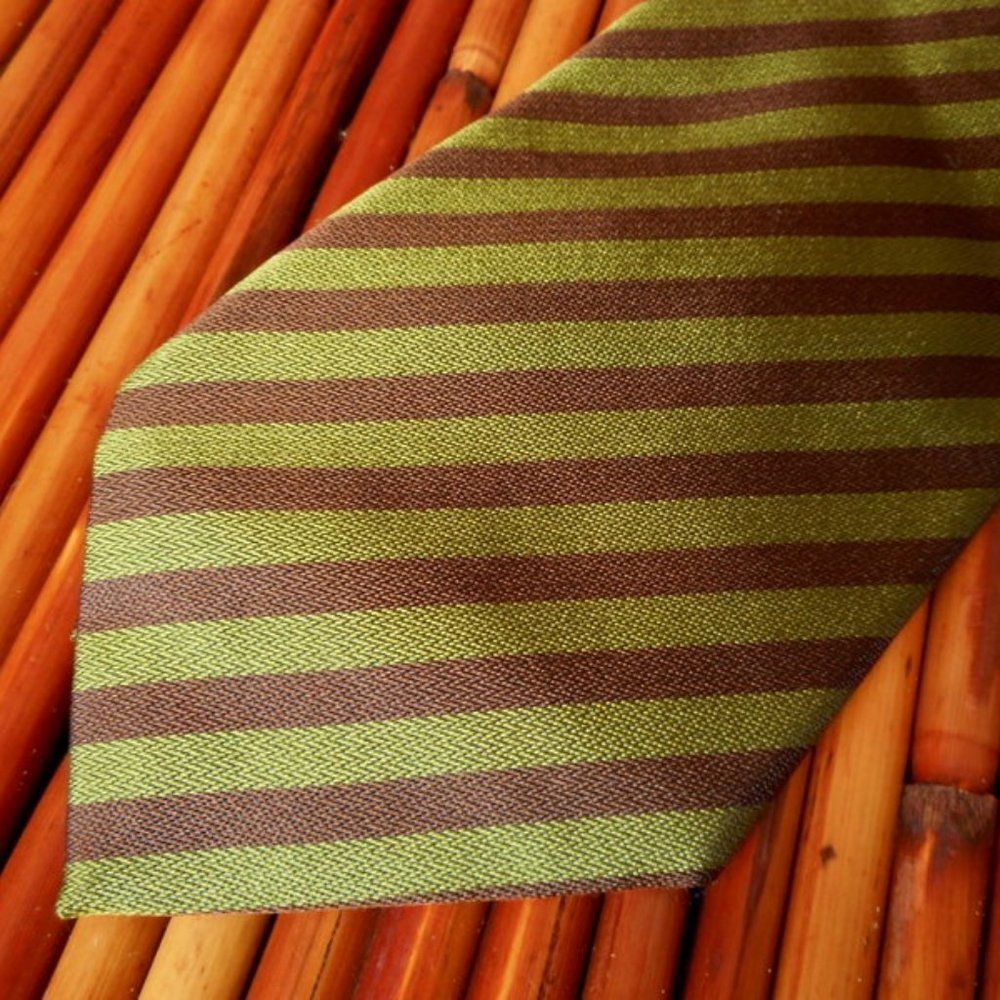 EUC ERMENEGILDO ZEGNA Olive Green & Brown Diagonal Striped 100% Silk Tie